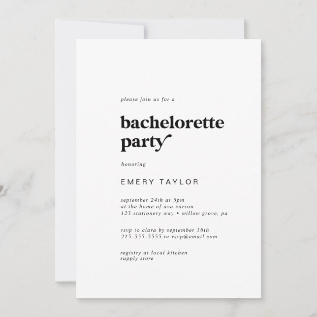 Modern Black Typography Bachelorette Party Invitation (Front)