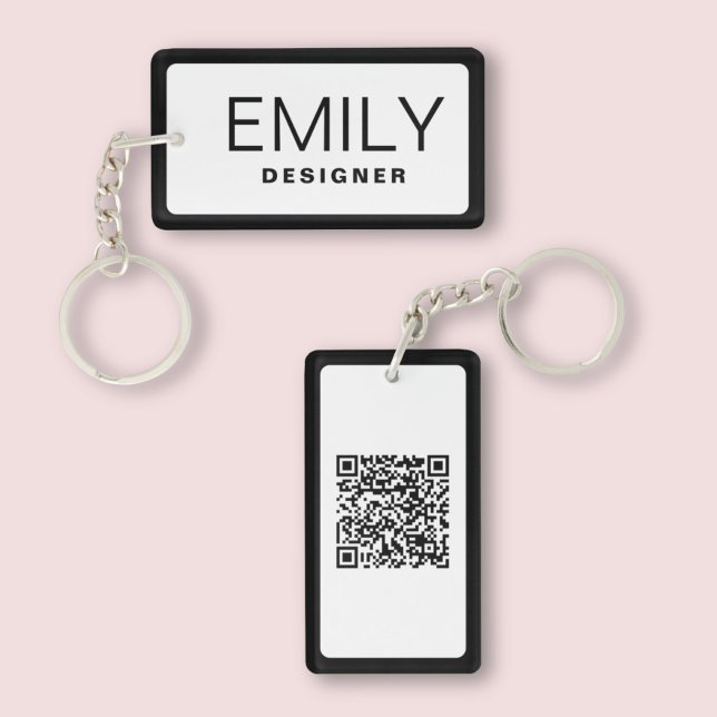 Modern Black Typography Black Border QR Code Key Ring (Creator Uploaded)