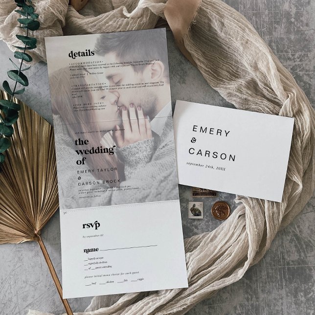 Modern Black Typography Faded Photo Name Wedding Tri-Fold Invitation (Creator Uploaded)