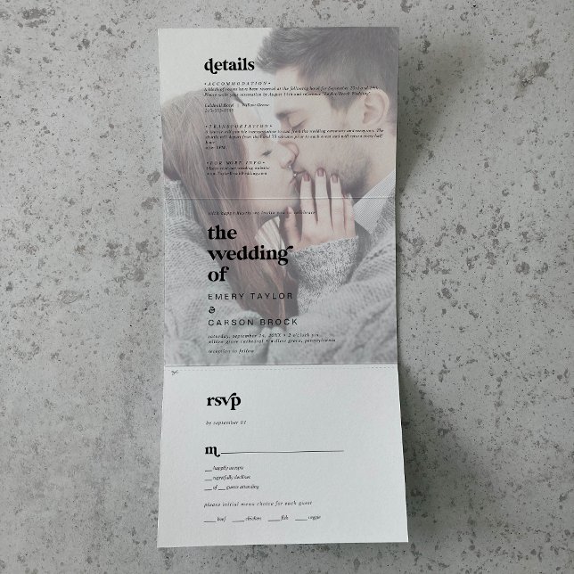 Modern Black Typography Faded Photo Wedding Tri-Fold Invitation (Creator Uploaded)