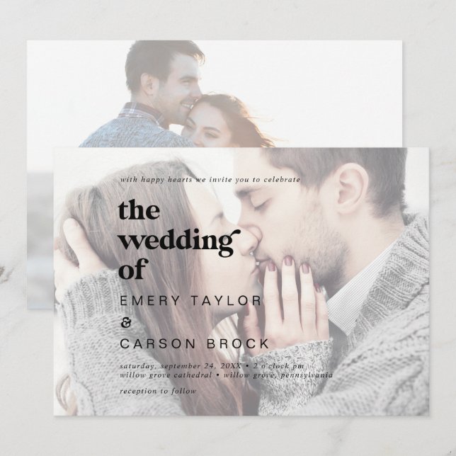 Modern Black Typography Horizontal Photo Wedding Invitation (Front/Back)