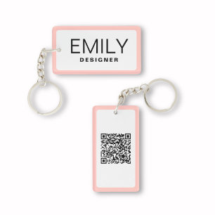 Modern Black Typography Pink Border QR Code Key Ring