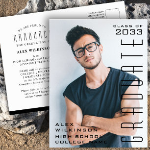 Modern Black Typography Simple Photo Graduation Announcement Postcard