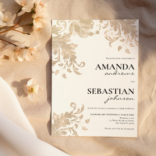  Modern black typography white gold floral wedding Invitation