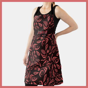 Modern Black, Warm Red Teardrop Pattern Apron