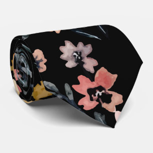 Modern Black Watercolor Botanical Floral Pattern Tie