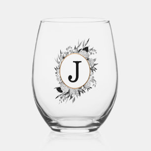 Modern Black Watercolor Floral Monogram Faux Gold Stemless Wine Glass