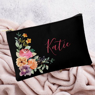 Modern Black Watercolor Floral Script Monogram Accessory Pouch