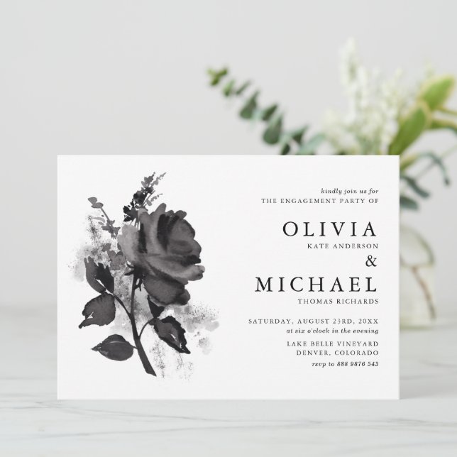 Modern Black Watercolor Rose Engagement Party Invitation (Standing Front)