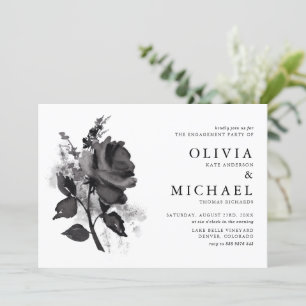 Modern Black Watercolor Rose Engagement Party Invitation