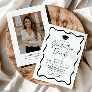 Modern Black Wavy Frame Photo Graduation Party Invitation