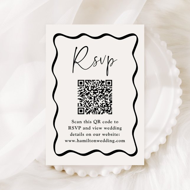 Modern Black Wavy Frame QR Code Wedding RSVP Enclosure Card (Creator Uploaded)