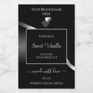 Modern Black Wavy Silver Cute Hearts Product Label