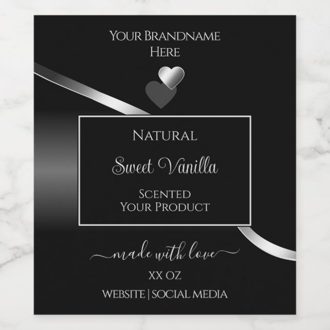 Modern Black Wavy Silver Cute Hearts Product Label (Single Label)