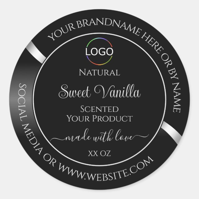 Modern Black Wavy Silver with Logo Product Labels (Front)