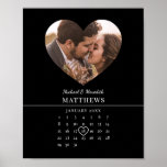 Modern Black Wedding Anniversary Calendar Poster<br><div class="desc">Modern black and white wedding anniversary calendar poster. The design features a simple, modern black and white calendar which can be easily personalised with the names of the couple, monogram and the wedding date. And don't forget to move the heart to surround the wedding day: Click "Edit using the design...</div>