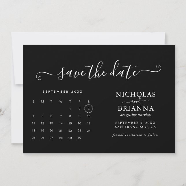 Modern Black Wedding Calendar Minimalist Save The Date (Front)