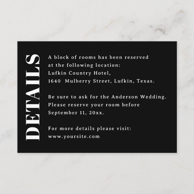 Modern Black Wedding Details | Hotel Accommodation Enclosure Card (Front)