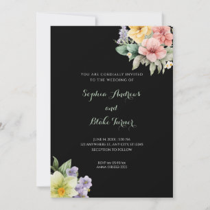Modern Black Wedding Invitation & Pastel Flowers