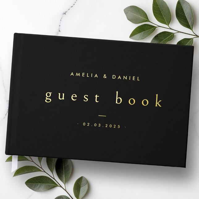 Modern black wedding names and date real foil guest book (Modern black wedding names and date real foil foil guest book)