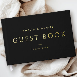 Modern black wedding names and date real foil guest book