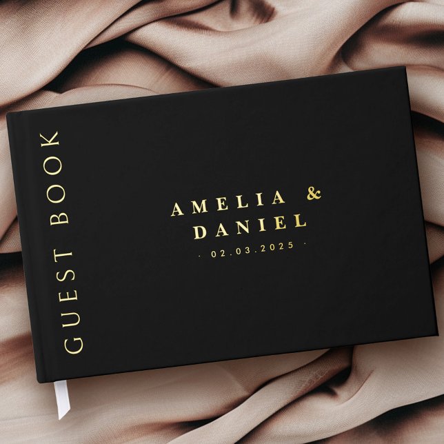 Modern black wedding names and date real guest book (Modern black wedding names and date real foil foil guest book)