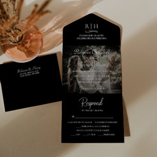 Modern Black Wedding Photo Monogram RSVP All In One Invitation