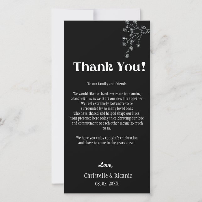 Modern black wedding place setting thank you card  (Front)