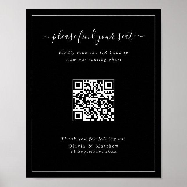 Modern Black Wedding QR Code Seating Chart poster (Front)