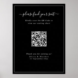 Modern Black Wedding QR Code Seating Chart Poster