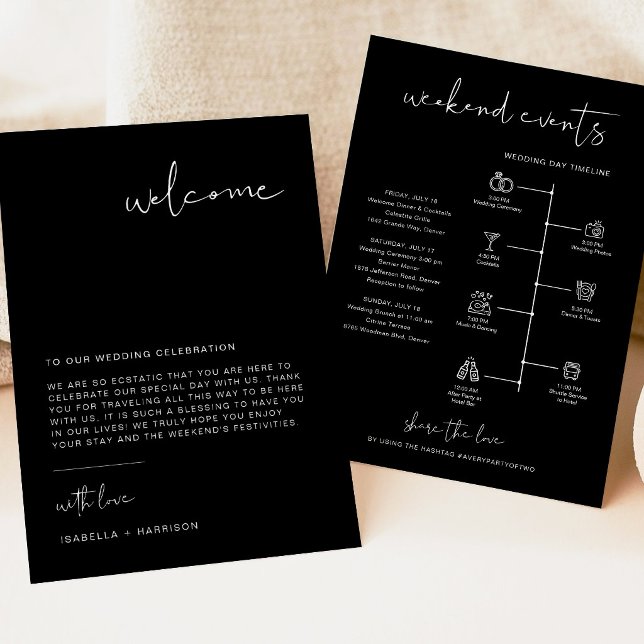 Modern Black Wedding Welcome Letter Timeline Card (Creator Uploaded)