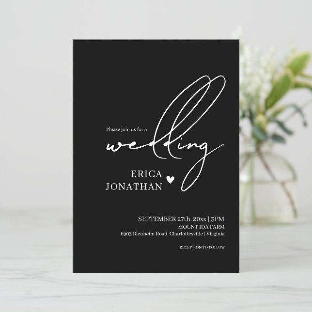 Modern Black Wedding With White Lettering  Invitation (Standing Front)