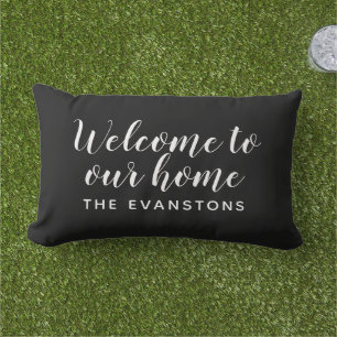 Modern Black Welcome Home Custom Last Name Lumbar Cushion