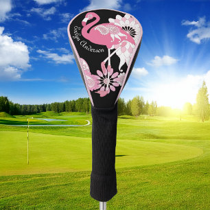Modern Black Whimsical Tropical Bird Pink Flamingo Golf Head Cover