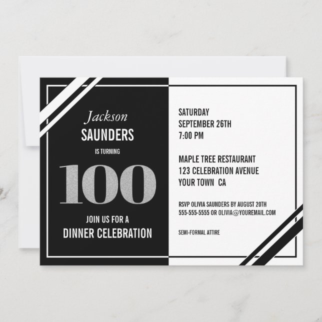 Modern Black White 100th Birthday Dinner Party Invitation (Front)