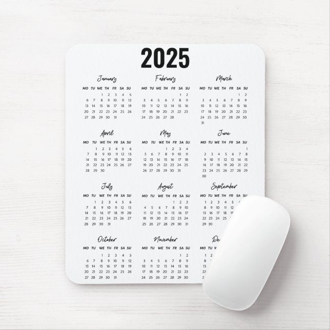 Modern Black White 2025 Calendar Full Year View Mouse Mat (With Mouse)