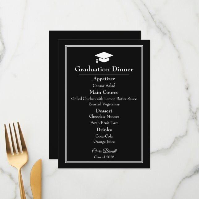 Modern Black & White 2026 Graduation Menu (Front/Back In Situ)