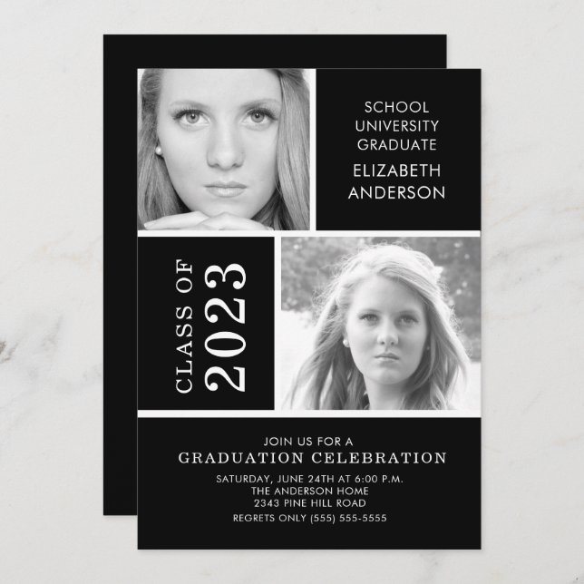 Modern Black & White 2 Photo Graduation Invitation (Front/Back)