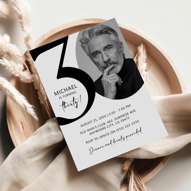 Modern Black & White 30th Photo Birthday Party Invitation (Creator Uploaded)