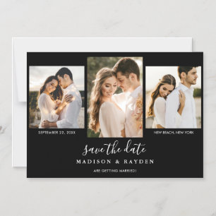 Modern Black White 3 Photo Wedding Save The Date Magnetic Invitation