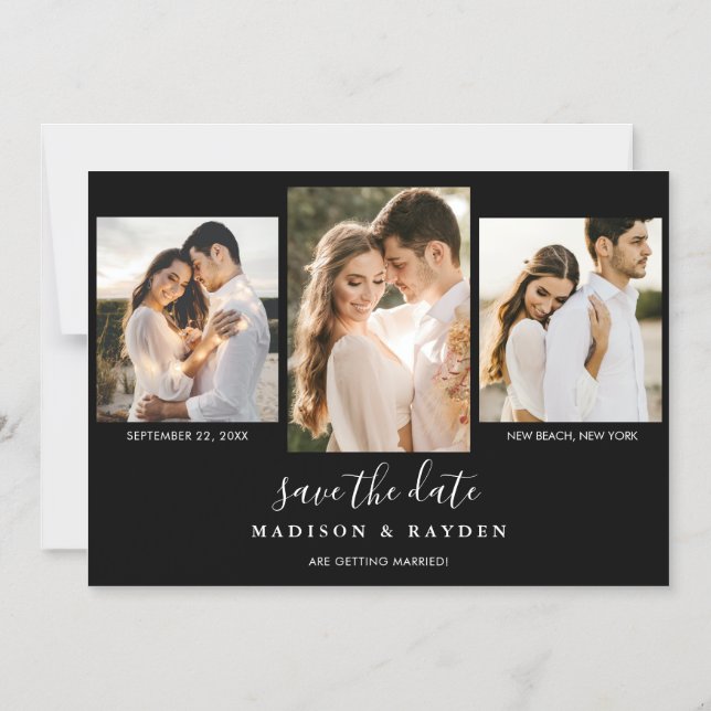 Modern Black White 3 Photo Wedding Save The Date Magnetic Invitation (Front)