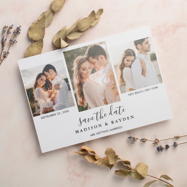 Modern Black White 3 Photo Wedding Save The Date Magnetic Invitation (Creator Uploaded)