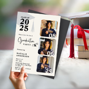 Modern Black & White 3 Photos Graduation Party Invitation