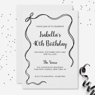 Modern Black White 40th Birthday Hand Drawn Bow Invitation