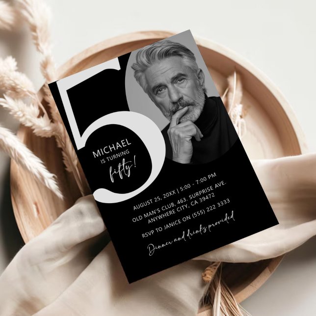 Modern Black & White 50th Photo Birthday Party Invitation (Creator Uploaded)