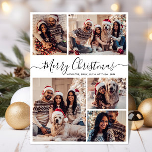 Modern Black White 5 Photo Collage Christmas  Postcard