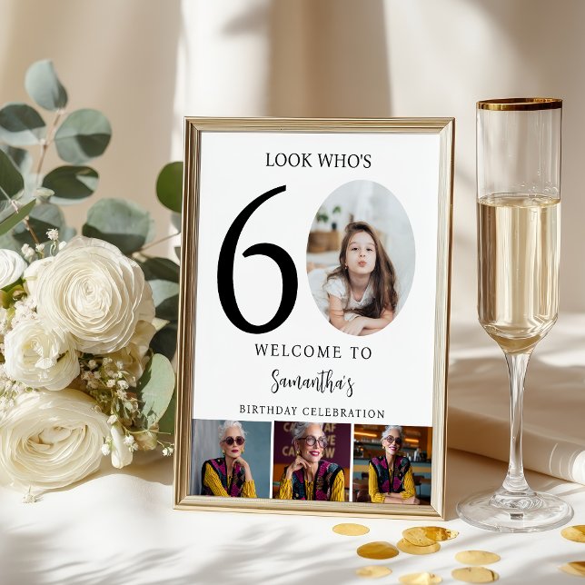 Modern Black White 60th Birthday 4 Photo Welcome Poster (Modern Black White 60th Birthday 4 Photo Welcome Poster)