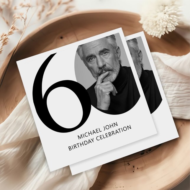 Modern Black & White 60th Photo Birthday Napkin (Creator Uploaded)