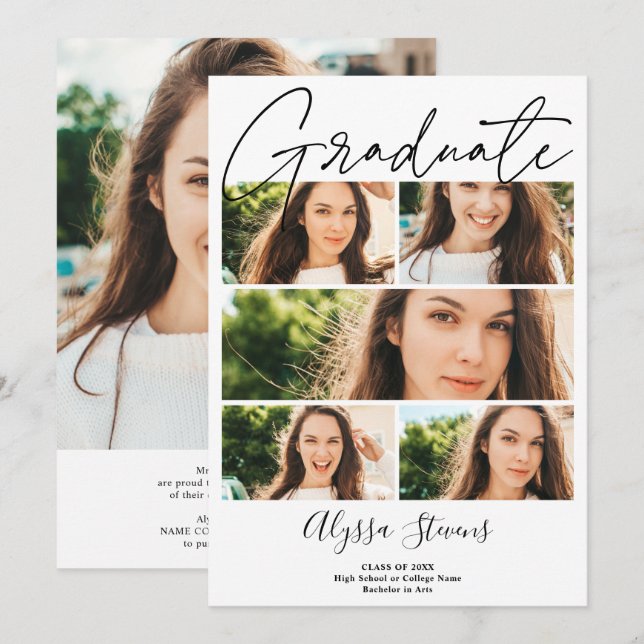 Modern black white 6 photo grid collage graduation announcement (Front/Back)