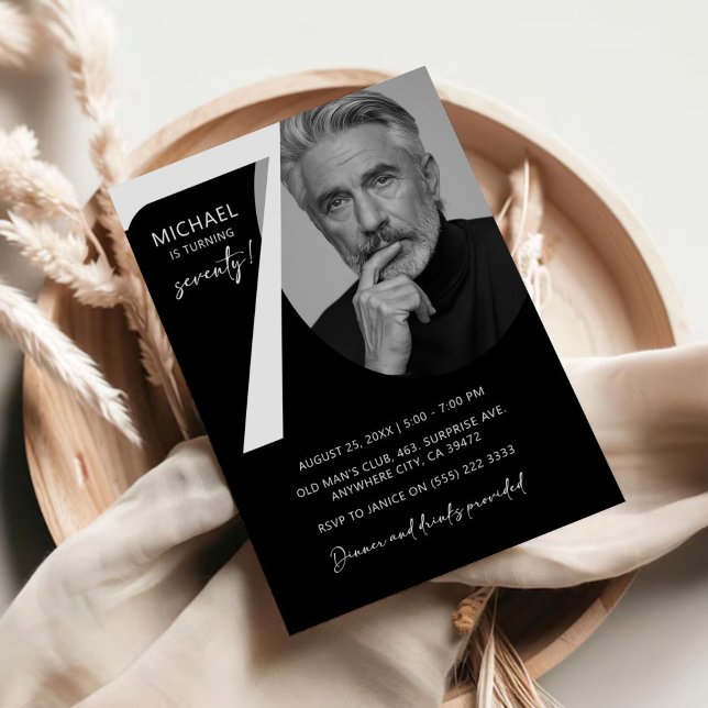 Modern Black & White 70th Photo Birthday Party Invitation (Creator Uploaded)